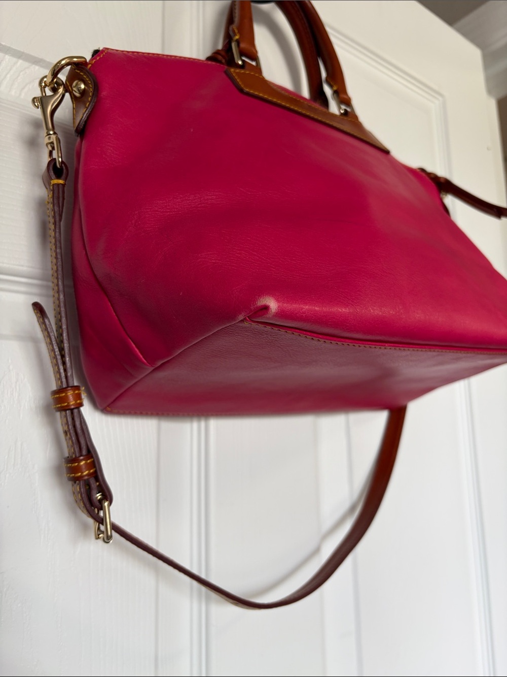 Dooney & Bourke Hot Pink Leather Satchel with Brown Trim - Picture 6 of 16